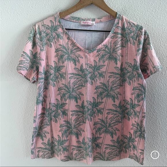 Fresh Produce Pink Green Palm V Neck Tee T-Shirt Large - Picture 1 of 4